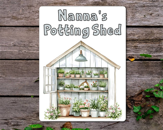 Gardening Metal Sign Gift - Nanna's Potting Shed - White - Cute Fun Novelty Family Aluminium Present
