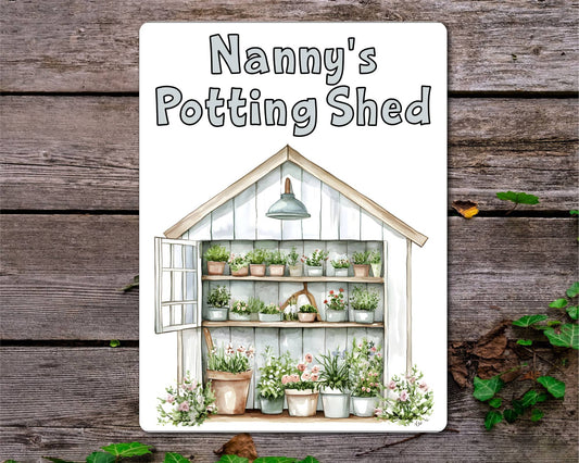 Gardening Metal Sign Gift - Nanny's Potting Shed - White - Cute Fun Novelty Family Aluminium Present