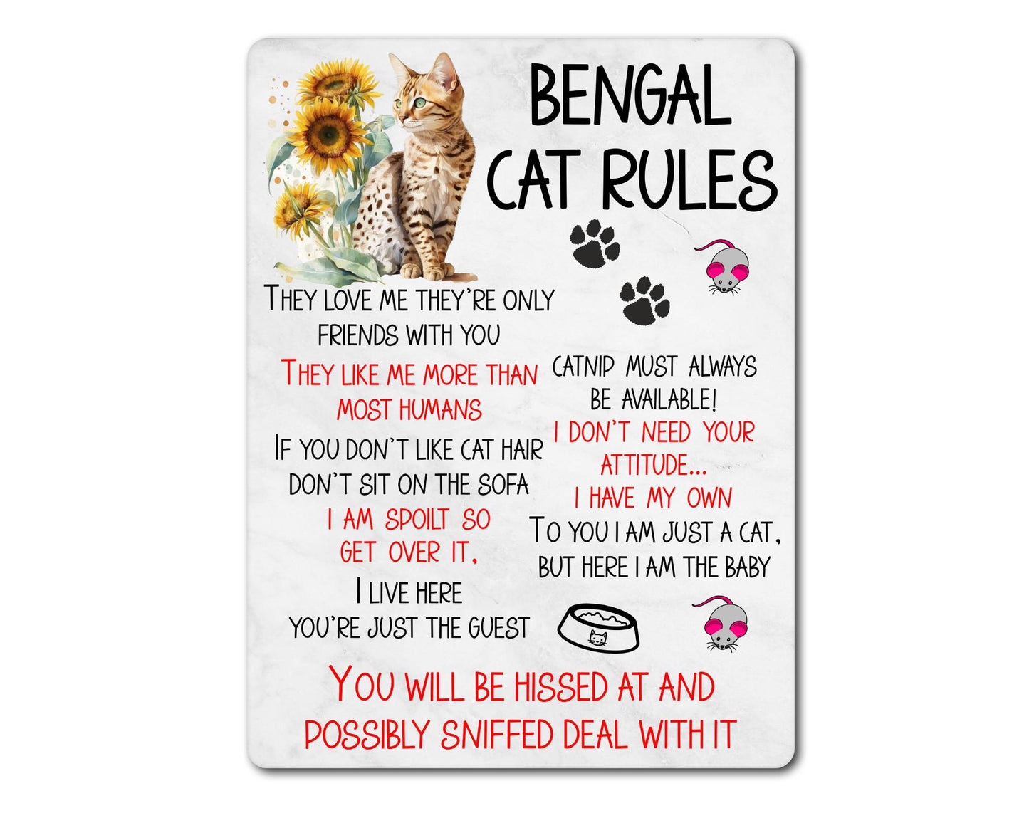 Kitten Metal Sign Gift - Bengal Cat Rules - I Live Here You're Just The Guest - Cute Fun Novelty Family Pet Aluminium Present