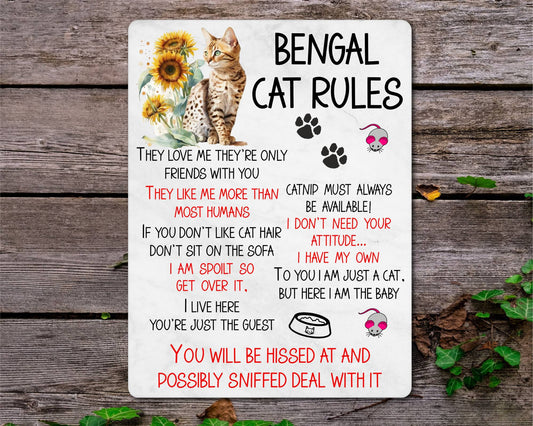 Kitten Metal Sign Gift - Bengal Cat Rules - I Live Here You're Just The Guest - Cute Fun Novelty Family Pet Aluminium Present