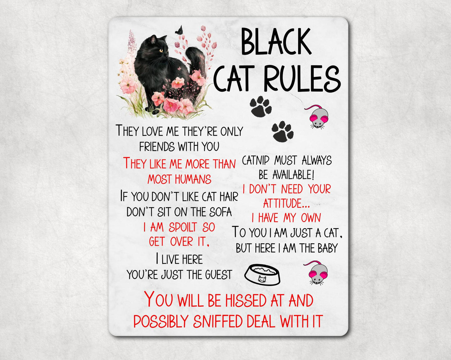 Kitten Metal Sign Gift - Black Cat Rules - I Live Here You're Just The Guest - Cute Fun Novelty Family Pet Aluminium Present