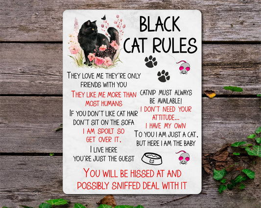 Kitten Metal Sign Gift - Black Cat Rules - I Live Here You're Just The Guest - Cute Fun Novelty Family Pet Aluminium Present