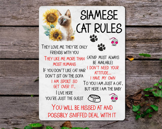 Kitten Metal Sign Gift - Siamese Cat Rules - I Live Here You're Just The Guest - Cute Fun Novelty Family Pet Aluminium Present