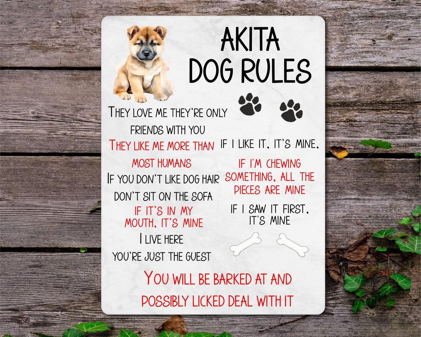 Dog Metal Sign Gift - Akita Rules - I Live Here You're Just The Guest - Cute Fun Novelty Family Pet Aluminium Present