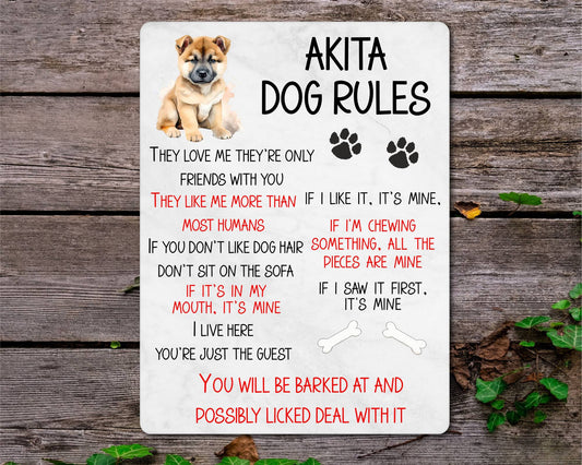 Dog Metal Sign Gift - Akita Rules - I Live Here You're Just The Guest - Cute Fun Novelty Family Pet Aluminium Present
