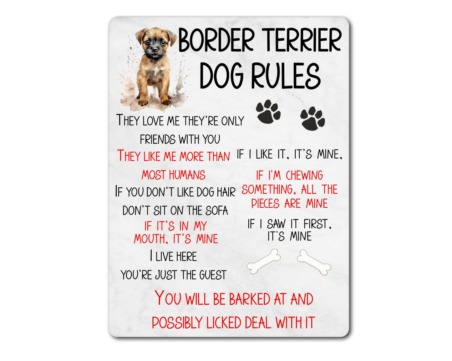 Dog Metal Sign Gift - Border Terrier Rules - I Live Here You're Just The Guest - Cute Fun Novelty Family Pet Aluminium Present
