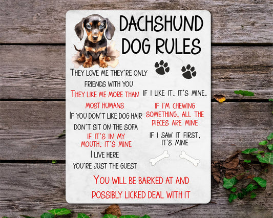 Dog Metal Sign Gift - Dachshund Rules - I Live Here You're Just The Guest - Cute Fun Novelty Family Pet Aluminium Present