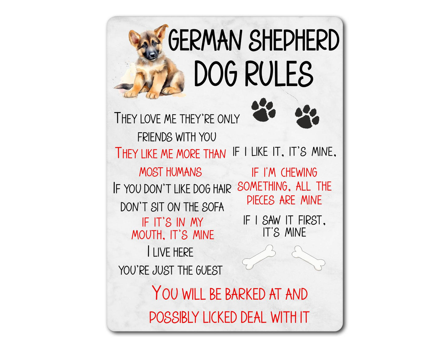 Dog Metal Sign Gift - German Shepherd Rules - I Live Here You're Just The Guest - Cute Fun Novelty Family Pet Aluminium Present