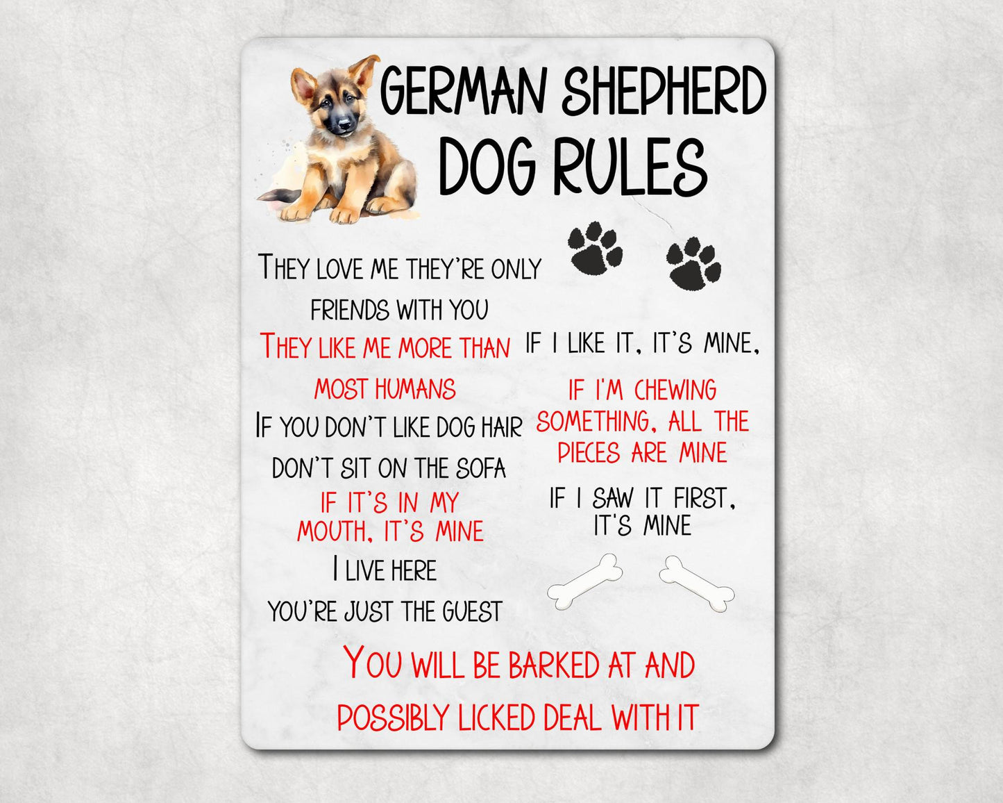 Dog Metal Sign Gift - German Shepherd Rules - I Live Here You're Just The Guest - Cute Fun Novelty Family Pet Aluminium Present