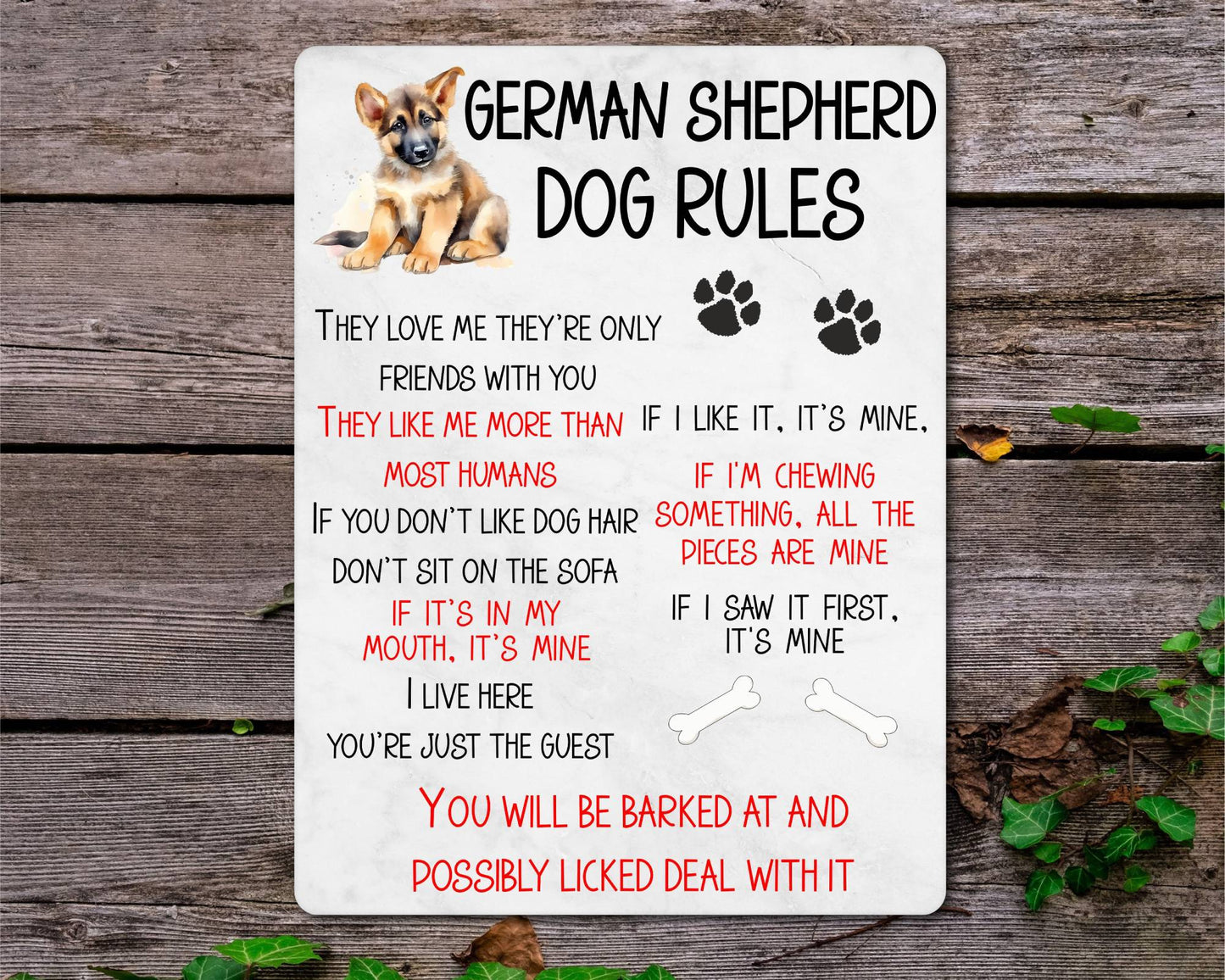Dog Metal Sign Gift - German Shepherd Rules - I Live Here You're Just The Guest - Cute Fun Novelty Family Pet Aluminium Present