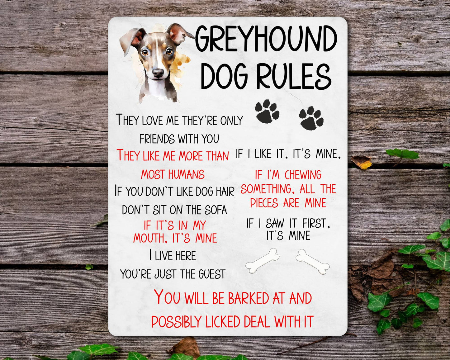 Dog Metal Sign Gift - Greyhound Rules - I Live Here You're Just The Guest - Cute Fun Novelty Family Pet Aluminium Present