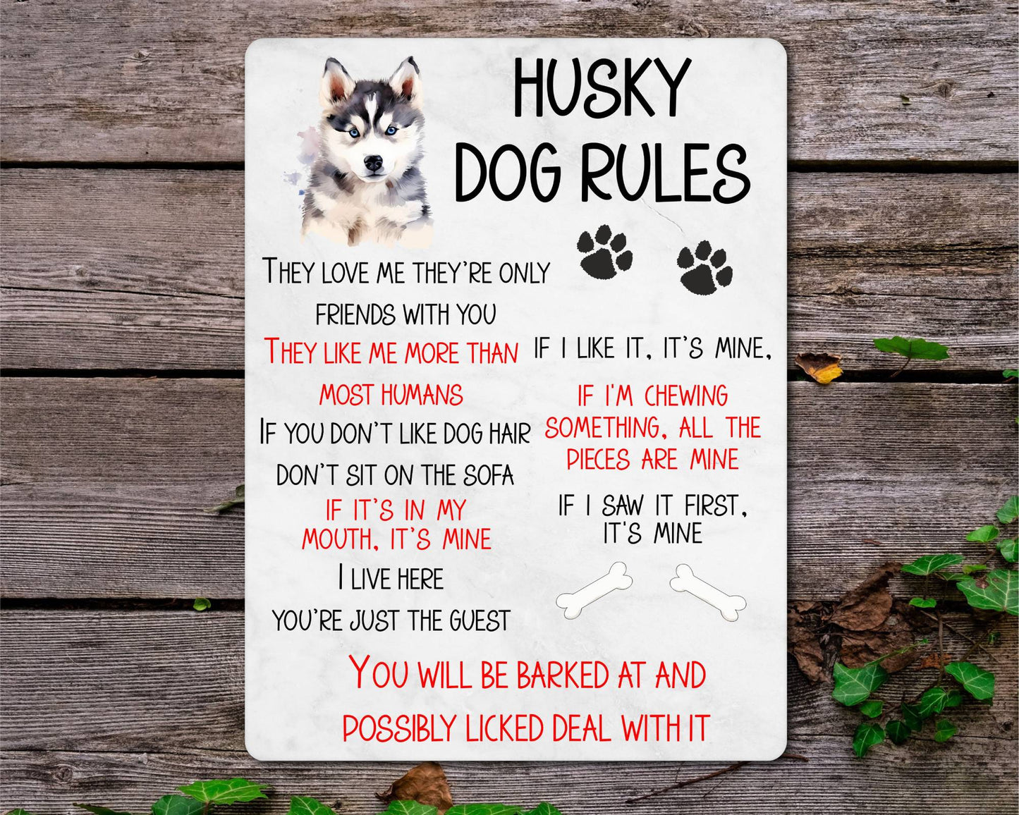 Dog Metal Sign Gift - Siberian Husky Rules - I Live Here You're Just The Guest - Cute Fun Novelty Family Pet Aluminium Present
