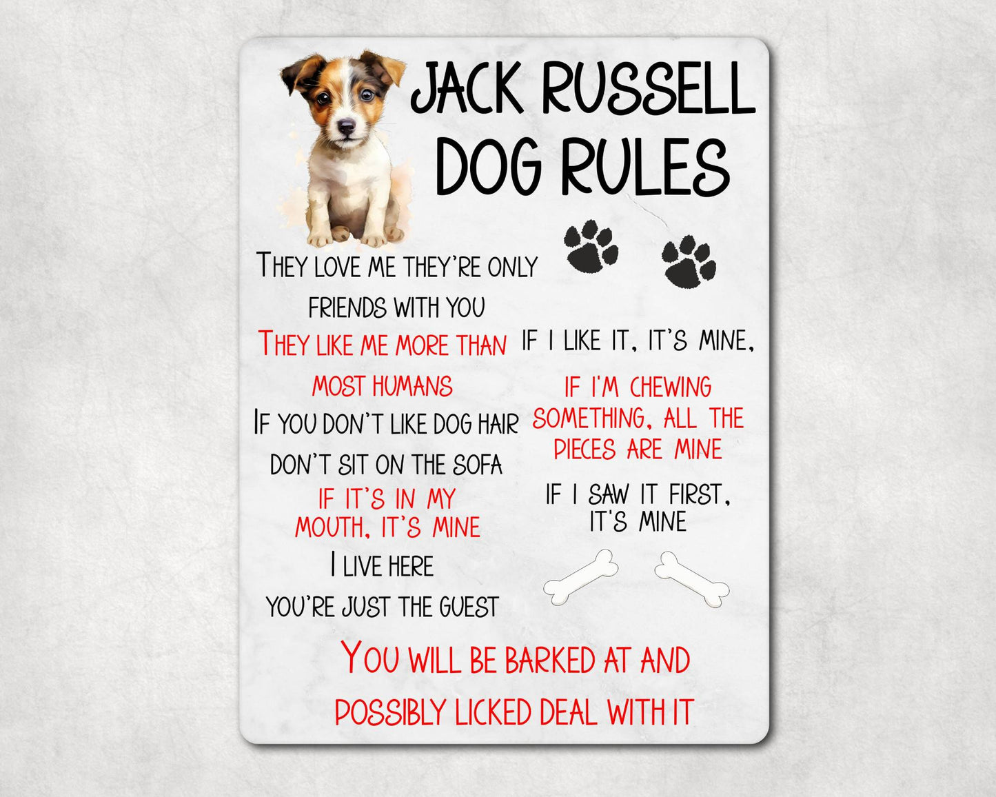 Dog Metal Sign Gift - Jack Russell Rules - I Live Here You're Just The Guest - Cute Fun Novelty Family Pet Aluminium Present