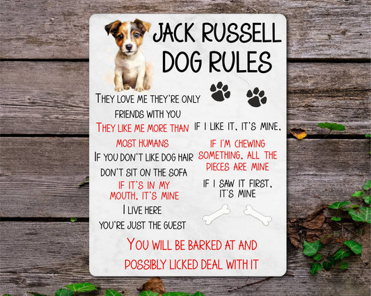 Dog Metal Sign Gift - Jack Russell Rules - I Live Here You're Just The Guest - Cute Fun Novelty Family Pet Aluminium Present