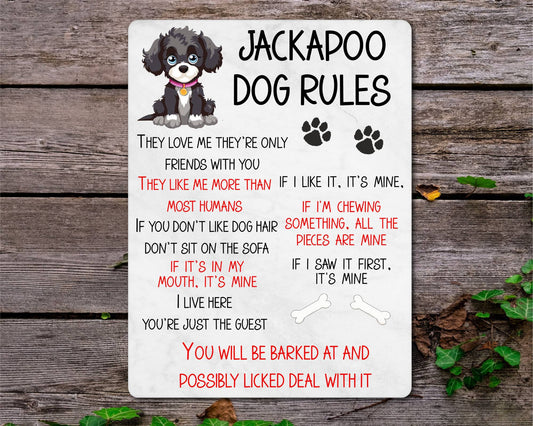 Dog Metal Sign Gift - Jackapoo Rules - I Live Here You're Just The Guest - Cute Fun Novelty Family Pet Aluminium Present