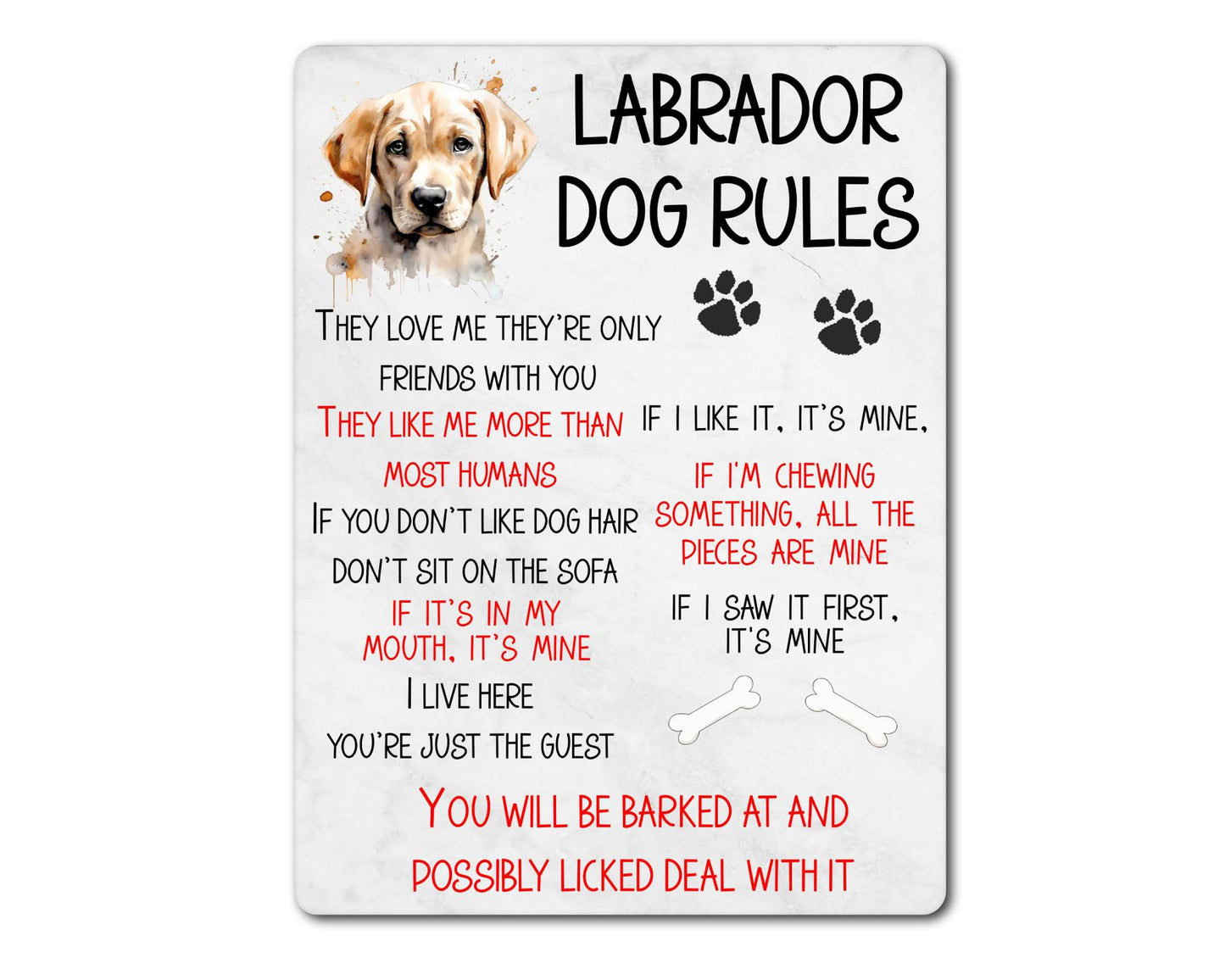 Dog Metal Sign Gift - Labrador Rules - I Live Here You're Just The Guest - Cute Fun Novelty Family Pet Aluminium Present