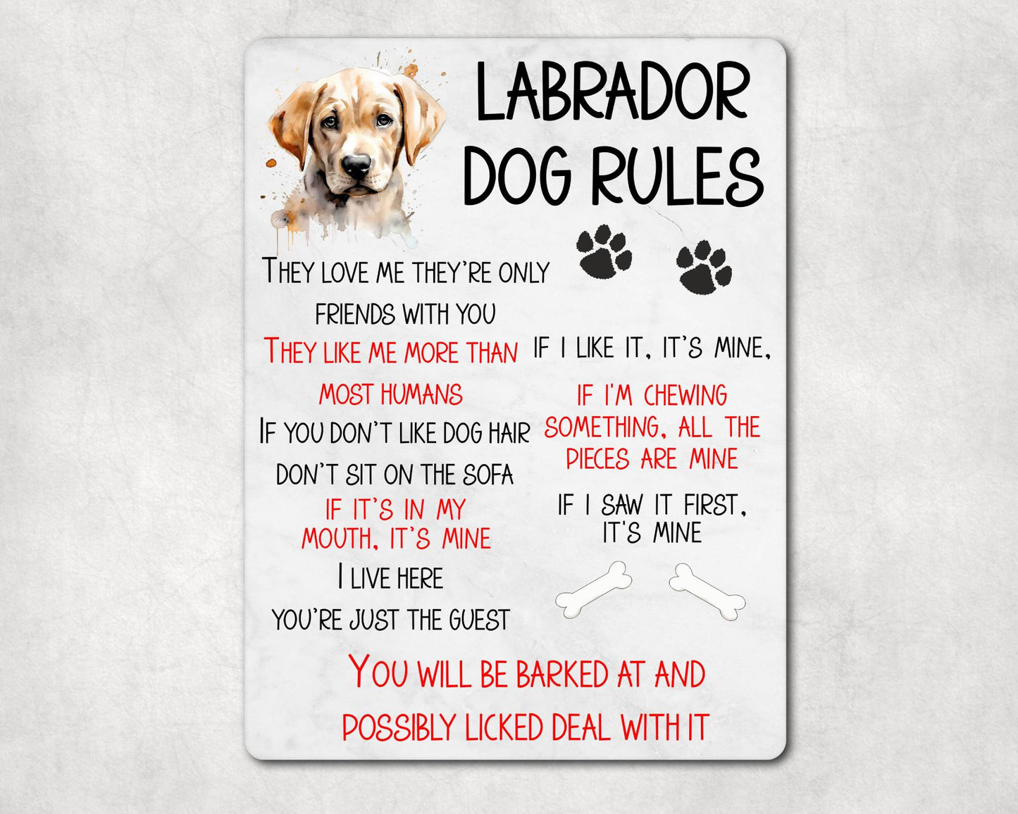 Dog Metal Sign Gift - Labrador Rules - I Live Here You're Just The Guest - Cute Fun Novelty Family Pet Aluminium Present