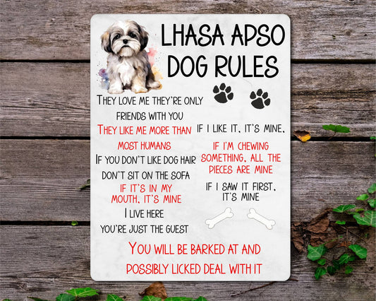 Dog Metal Sign Gift - Lhasa Apso Rules - I Live Here You're Just The Guest - Cute Fun Novelty Family Pet Aluminium Present