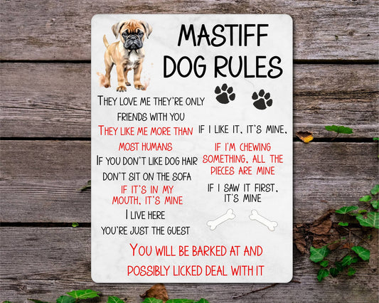 Dog Metal Sign Gift - Mastiff Rules - I Live Here You're Just The Guest - Cute Fun Novelty Family Pet Aluminium Present