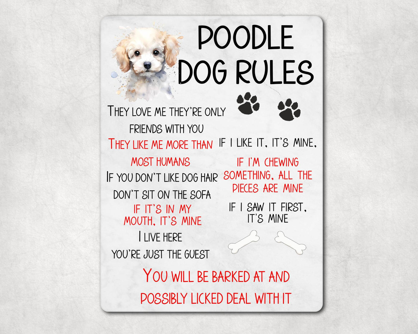 Dog Metal Sign Gift - Poodle Rules - I Live Here You're Just The Guest - Cute Fun Novelty Family Pet Aluminium Present