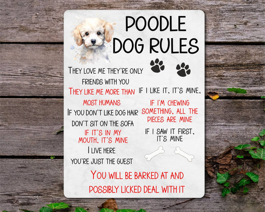 Dog Metal Sign Gift - Poodle Rules - I Live Here You're Just The Guest - Cute Fun Novelty Family Pet Aluminium Present