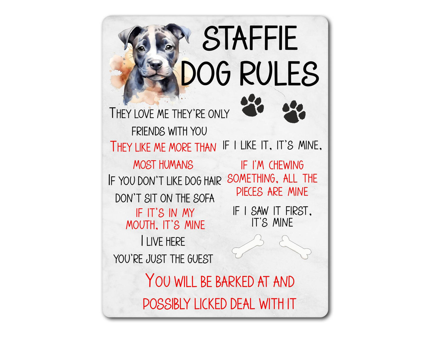Dog Metal Sign Gift - Staffie Rules - I Live Here You're Just The Guest - Cute Fun Novelty Family Pet Aluminium Present