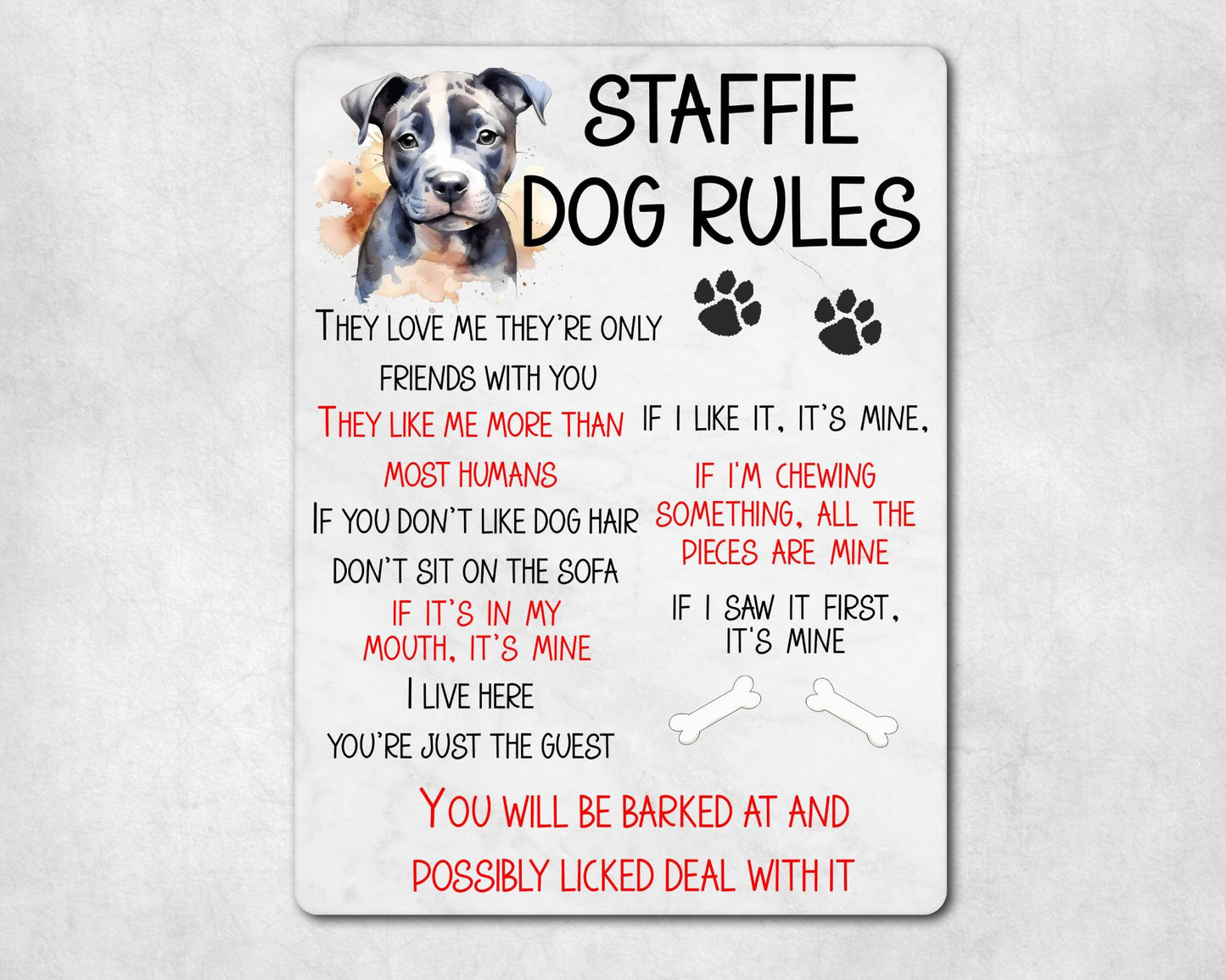Dog Metal Sign Gift - Staffie Rules - I Live Here You're Just The Guest - Cute Fun Novelty Family Pet Aluminium Present