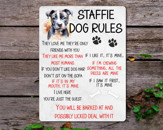 Dog Metal Sign Gift - Staffie Rules - I Live Here You're Just The Guest - Cute Fun Novelty Family Pet Aluminium Present