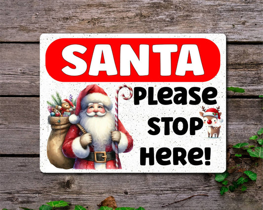 Christmas Metal Sign Gift - Santa Please Stop Here - Glittery - Cute Fun Novelty Family Festive Holiday Aluminium Present