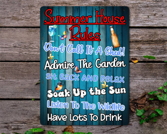 Garden Metal Sign Gift - Summer House Rules - Sit Back And Relax - Blue - Cute Fun Novelty Family Allotment Aluminium Present