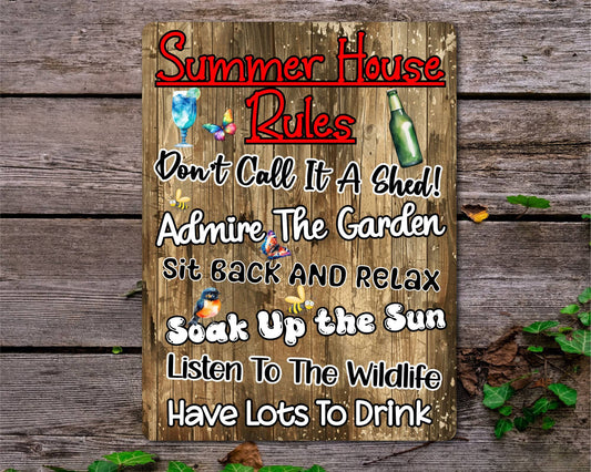 Garden Metal Sign Gift - Summer House Rules - Sit Back And Relax - Wood - Cute Fun Novelty Family Allotment Aluminium Present