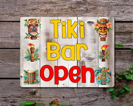 Alcohol Metal Sign Gift - Tiki Bar Open - Cute Fun Novelty Family Drink Aluminium Present