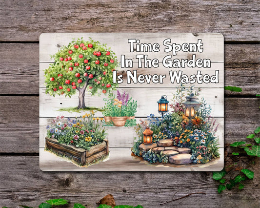 Gardening Metal Sign Gift - Time Spent In The Garden Is Never Wasted - Cute Fun Novelty Family Allotment Aluminium Present