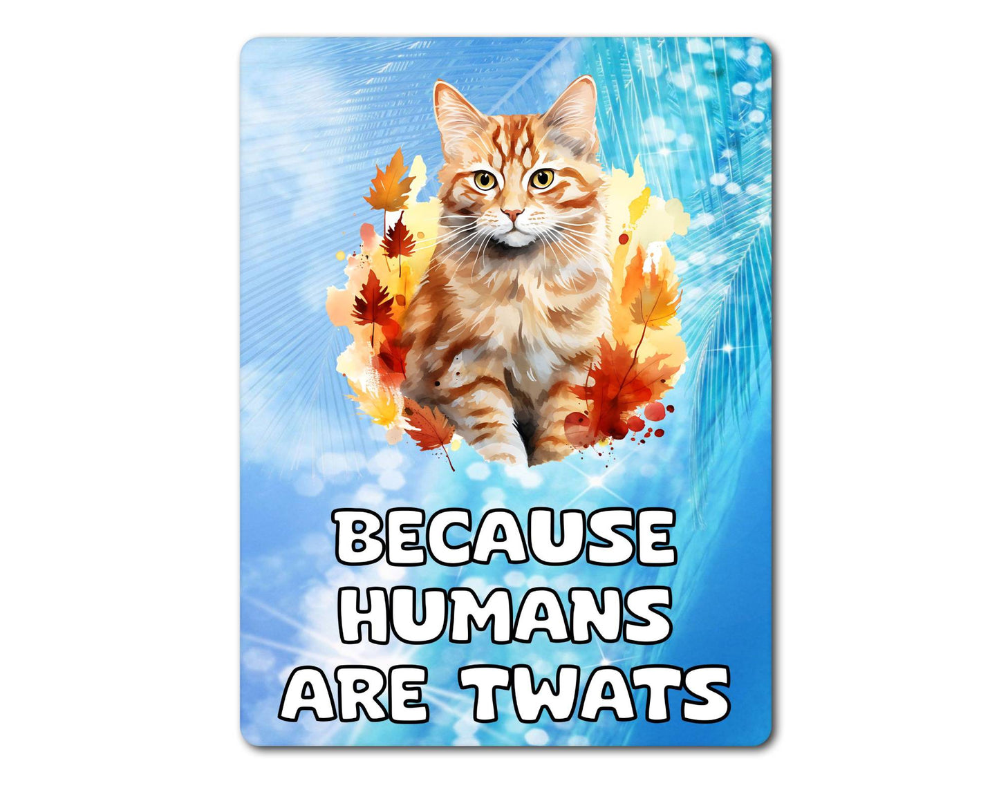 Ginger Cat Metal Sign Gift - Because Humans Are Twats - Cute Fun Novelty Animal Aluminium Present