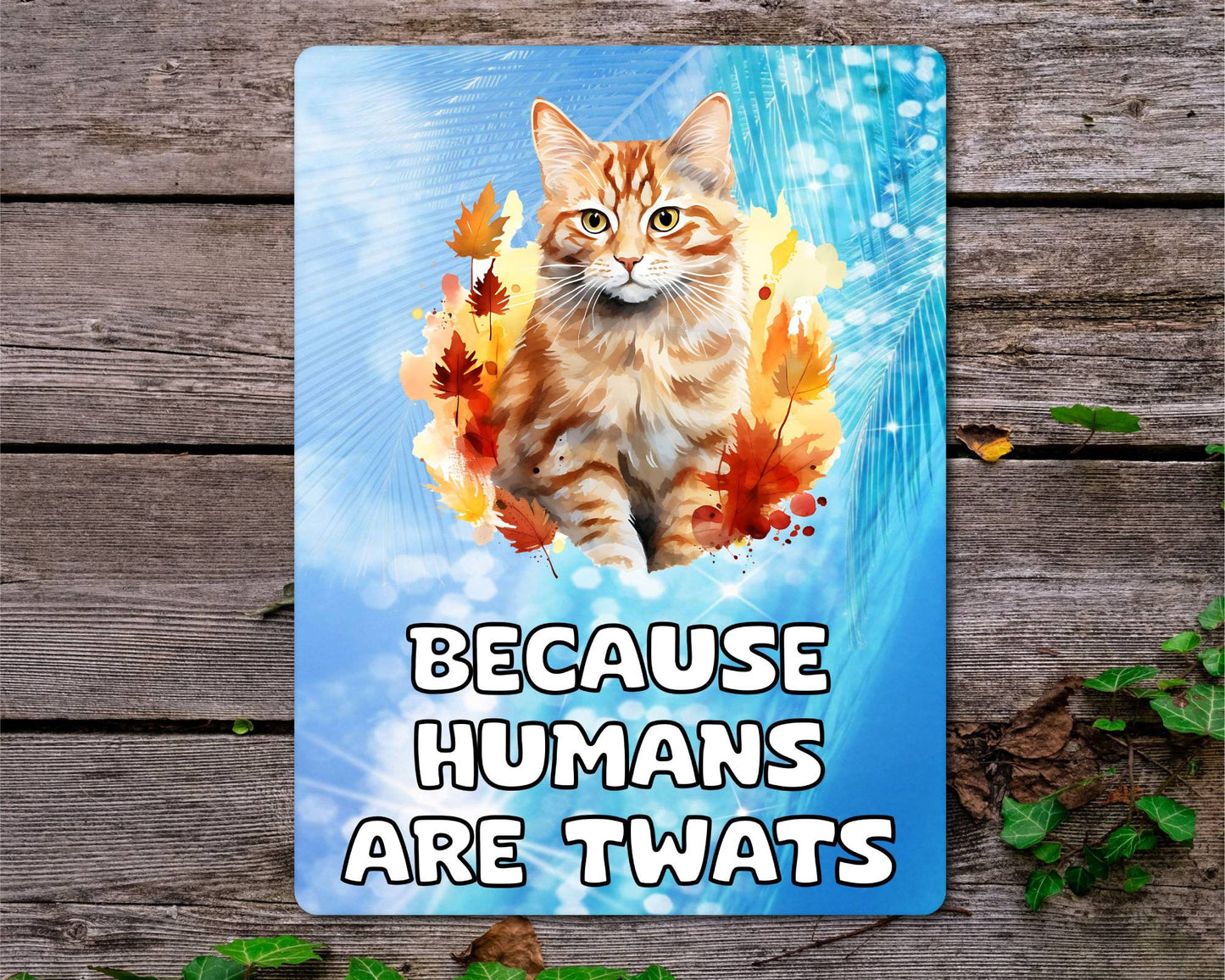Ginger Cat Metal Sign Gift - Because Humans Are Twats - Cute Fun Novelty Animal Aluminium Present