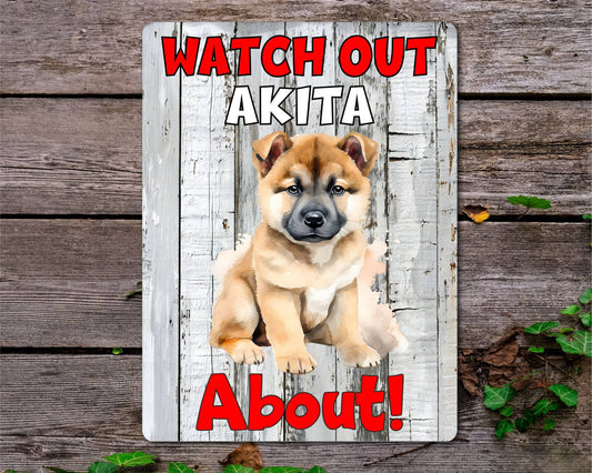 Dog Metal Sign Gift - Watch Out Akita About - Cute Fun Novelty Family Pet Aluminium Present