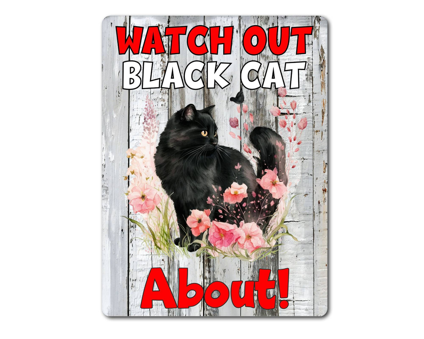 Kitten Metal Sign Gift - Watch Out Black Cat About - Cute Fun Novelty Family Pet Aluminium Present