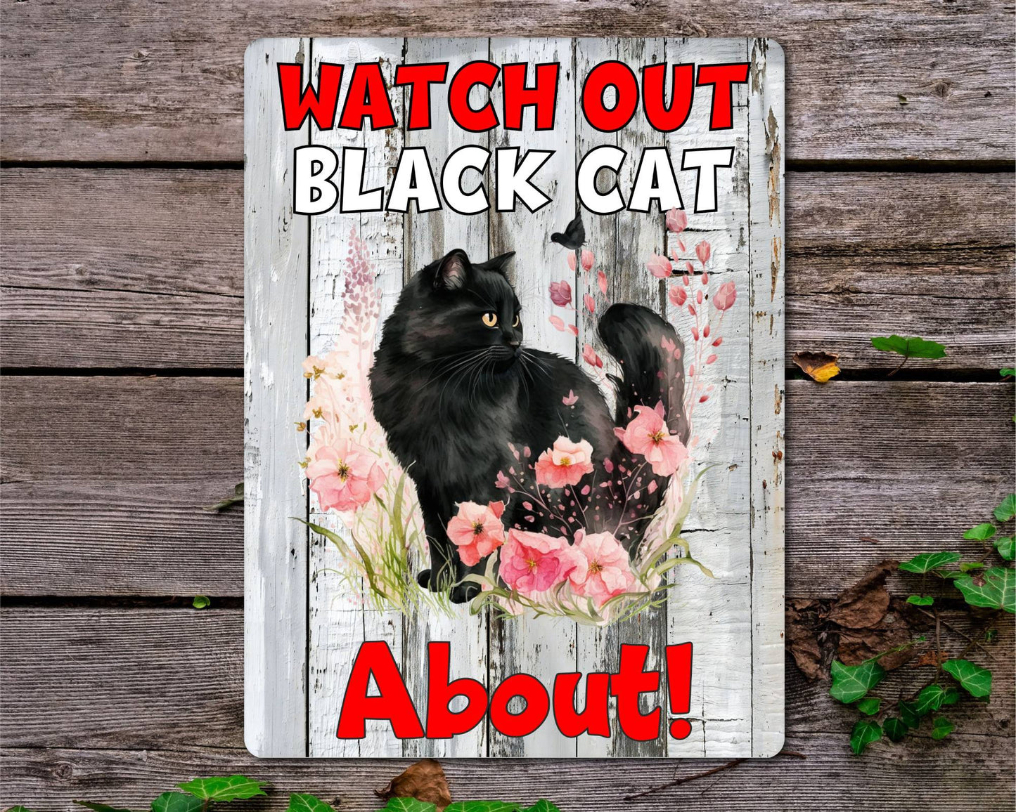 Kitten Metal Sign Gift - Watch Out Black Cat About - Cute Fun Novelty Family Pet Aluminium Present