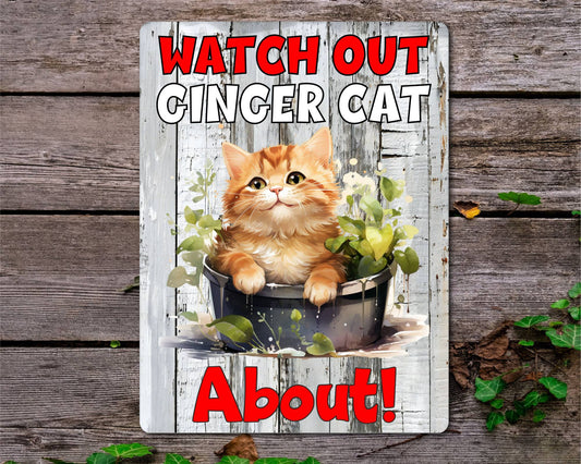 Kitten Metal Sign Gift - Watch Out Ginger Cat About - Cute Fun Novelty Family Pet Aluminium Present