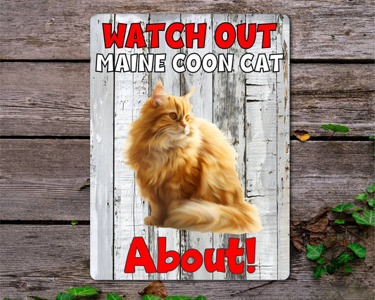 Kitten Metal Sign Gift - Watch Out Maine Coon Cat About - Cute Fun Novelty Family Pet Aluminium Present