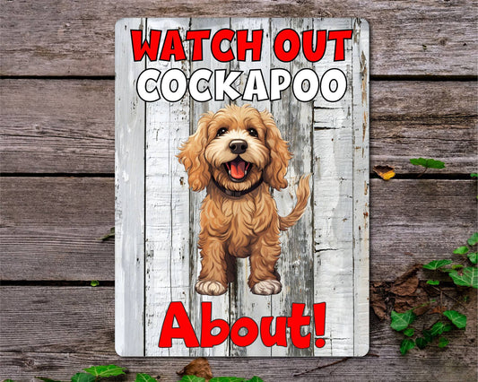 Dog Metal Sign Gift - Watch Out Cockapoo About - Cute Fun Novelty Family Pet Aluminium Present
