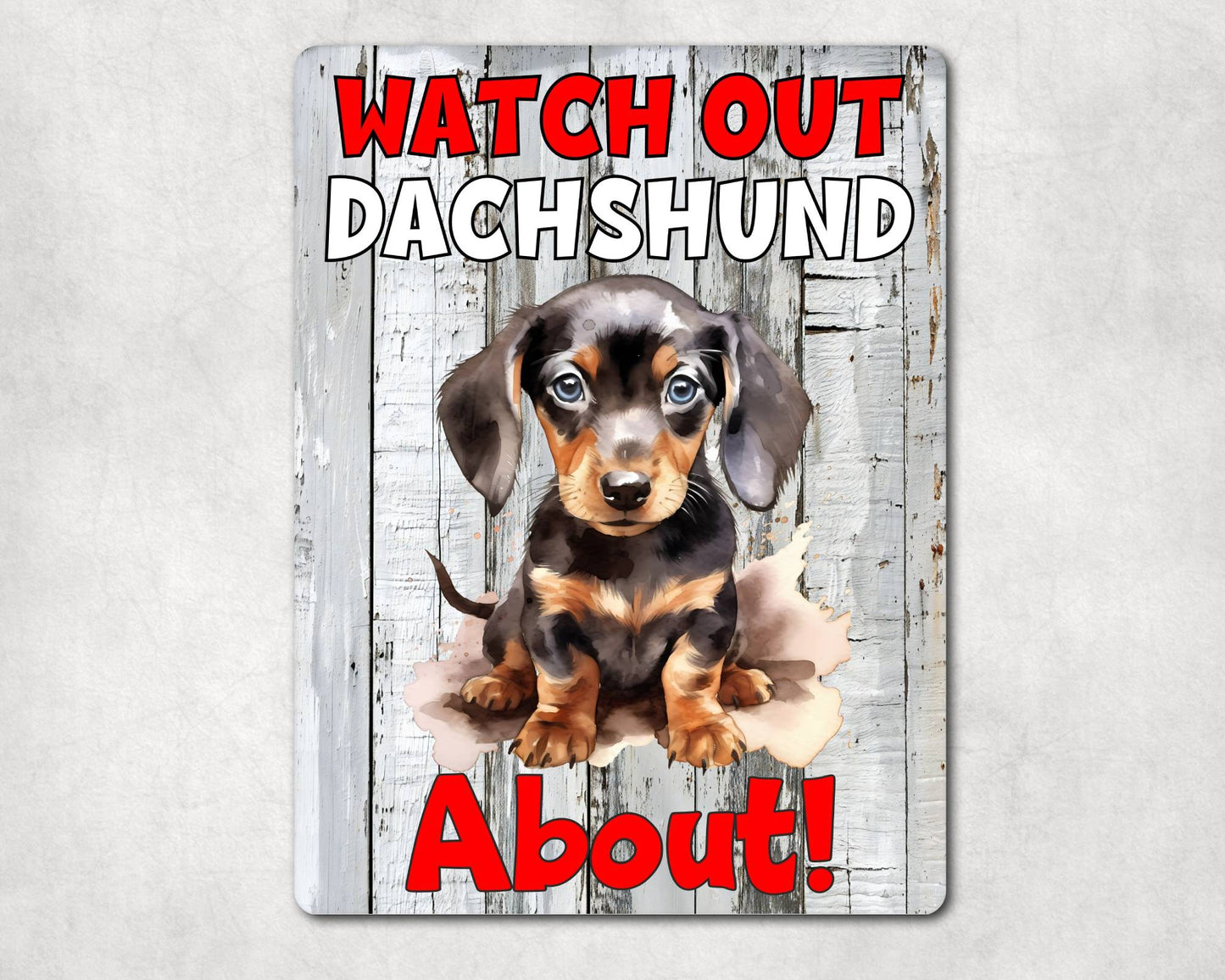 Dog Metal Sign Gift - Watch Out Dachshund About - Cute Fun Novelty Family Pet Aluminium Present