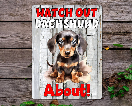 Dog Metal Sign Gift - Watch Out Dachshund About - Cute Fun Novelty Family Pet Aluminium Present