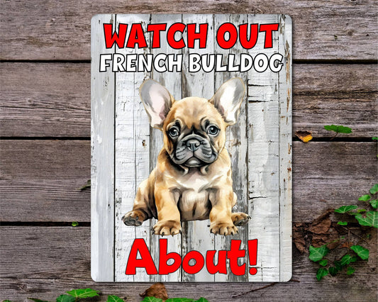 Dog Metal Sign Gift - Watch Out French Bulldog About - Cute Fun Novelty Family Pet Aluminium Present