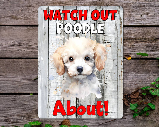 Dog Metal Sign Gift - Watch Out Poodle About - Cute Fun Novelty Family Pet Aluminium Present