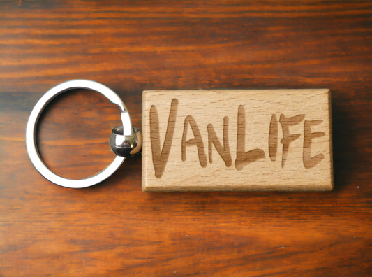 Vanlife Keyring Gift - Cute Engraved Wooden Key Fob Novelty Nice Custom Campervan Motorhome Travel Present