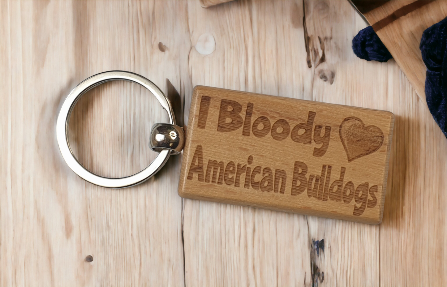 American Bulldog Keyring Gift - I Bloody Love Heart - Cute Engraved Wooden Key Fob Fun Novelty Nice Custom Present
