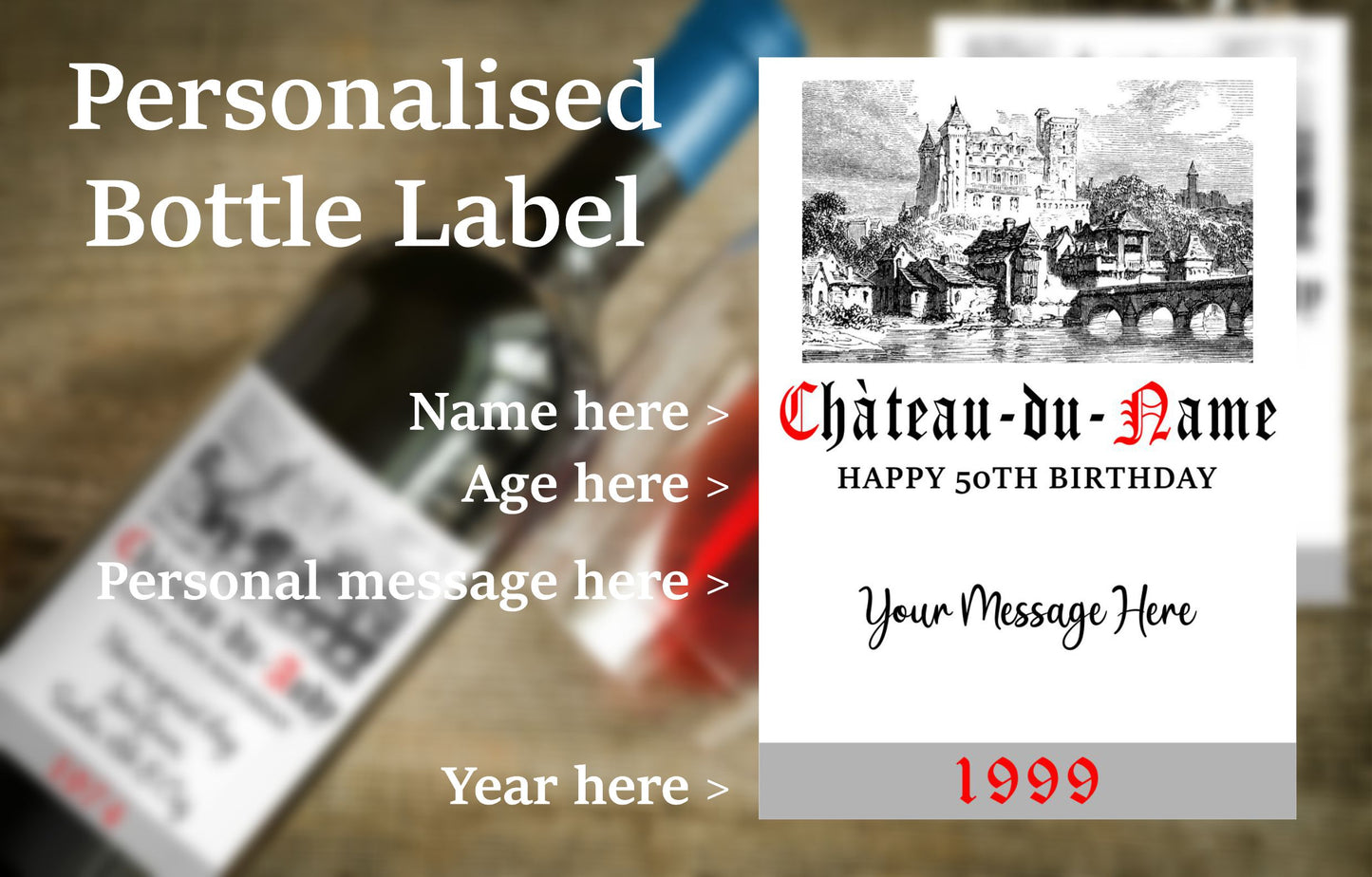 Birthday Wine Bottle Label x2 - Chateau du Name - Any Name Age Year and Message - To fit Most Alcohol Bottles Custom Gift