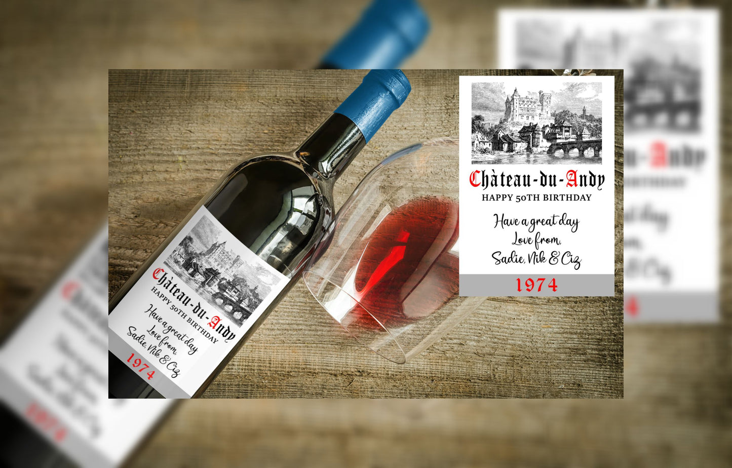 Birthday Wine Bottle Label x2 - Chateau du Name - Any Name Age Year and Message - To fit Most Alcohol Bottles Custom Gift