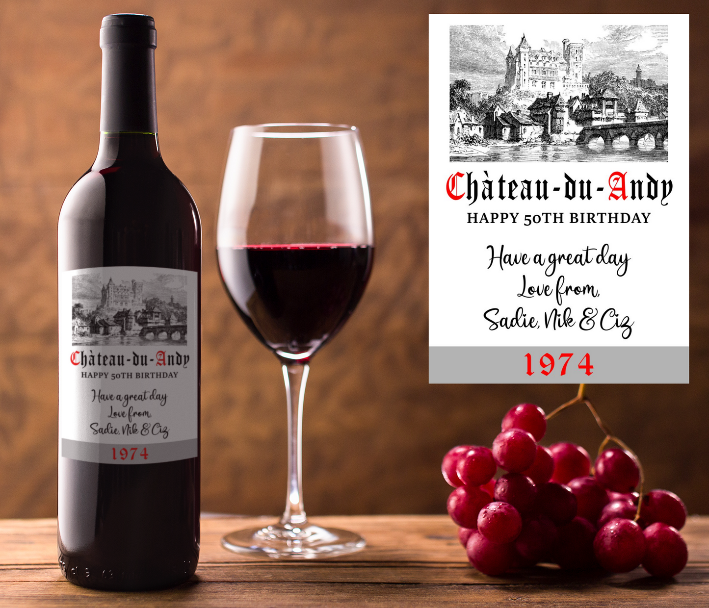 Birthday Wine Bottle Label x2 - Chateau du Name - Any Name Age Year and Message - To fit Most Alcohol Bottles Custom Gift